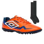 Chuteira Society Umbro Prisma + 1 Par de Meiões - Adulto LARANJA/AZUL