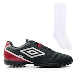 Chuteira Society Umbro Attak Eternal + 1 Par de Meiões Color Sports - Adulto PRETO/VERMELHO