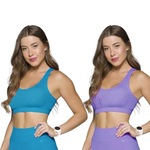 Kit Tops Fitness Selene Canelado sem Costura - Feminino - 2 unidades Azul/Roxo