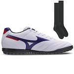 Chuteira Society Mizuno Morelia Club + 1 Par de Meião - Adulto BRANCO/AZUL ESC