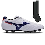 Chuteira de Campo Mizuno Morelia Club + 1 Par de Meião - Adulto BRANCO/AZUL ESC