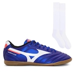 Chuteira Futsal Mizuno Morelia Club In + Meião Color Sports - Adulto BRANCO/AZUL