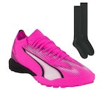 Kit Chuteira Society Puma Ultra Match - Adulto + Par de Meião Rosa Esc/Preto