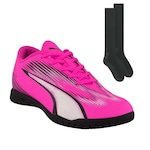 Kit Chuteira Futsal Puma Ultra Play - Adulto + Par de Meião Rosa Esc/Preto