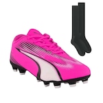 Kit Chuteira de Campo Puma Ultra Play - Infantil + Par de Meião Rosa Esc/Preto