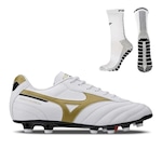 Chuteira de Campo Mizuno Morelia Classic Md + Meia Antiderrapante - Adulto BRANCO/OURO