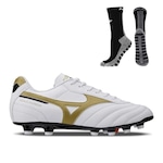 Chuteira de Campo Mizuno Morelia Classic Md + Meia Antiderrapante - Adulto BRANCO/OURO