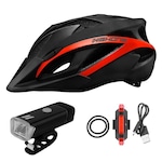 Kit Capacete Ciclismo Farol 180 Lumens Sinalizador Pisca Usb PRETO/VERMELHO