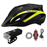 Kit Capacete Ciclismo Farol 180 Lumens Sinalizador Pisca Usb Preto/Amarelo Fluor