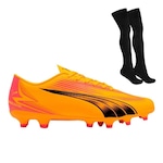 Kit Chuteira de Campo Puma Ultra Play - Adulto + Par de Meião LARANJA/ROSA