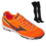 Chuteira Society Mizuno Morelia Classic + Par de Meião - Adulto LARANJA