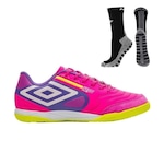 Chuteira Futsal Umbro Pró 5 Bump Club + Meia Antiderrapante Branca ROSA/PRETO