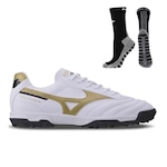 Chuteira Society Mizuno Morelia Classic + Meia Antiderrapante - Adulto BRANCO/OURO