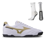 Kit Chuteira Society Mizuno Morelia Classic + Meia Antiderrapante - Adulto BRANCO/OURO