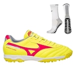 Kit Chuteira Society Mizuno Morelia Classic + Meia Antiderrapante - Adulto AMARELO/VERMELHO