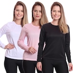 Kit 3 Camisetas Manga Longa  Dellas Fit Proteção Térmica Solar Uv Dry Fit Segunda Pele - Feminina PRETO/BRANCO