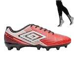 Chuteira de Campo Umbro Fire + Par de Meião - Adulto Vermelho/Preto