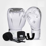 Kit Boxe Muay Thai Venum Luvas + Bandagem + Bucal Giant Logo BRANCO/PRATA