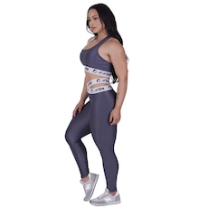 Conjunto Fitness Top Transpasse Costas e Calça Legging Cinza e Laranjan Neon