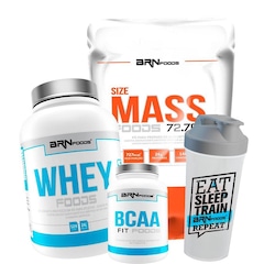 Kit Hipercalórico BRN Foods 3kg + Whey Protein 900g Morango + BCAA 100g + Coqueteleira - Foto 1