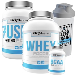 Kit BRN Foods Whey Protein Fusion 900g Morango + Whey Protein 900g Morango + BCAA 100g + Coqueteleira - Foto 1