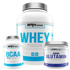 Kit Whey Protein BRN Foods 900g Morango + BCAA 100g + Glutamina 250g - Foto 1