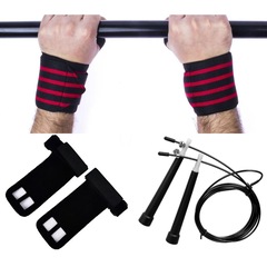 Kit Cross Training Corda Speed + Munhequeiras Profissional + Luva hand Grip Couro - Adulto - Foto 1