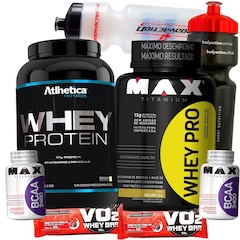 Whey Protein Max Titanium Pro Serie 1kg + Wey Pro 1kg Concentrado + BCAA - 60 caps + Squeeze + Barra - Foto 1