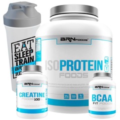 Kit Whey Protein Isolado 2kg Morango + Creatina 300g + Bcaa 100g + Coqueteleira - BRN Foods - Foto 1