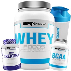 Kit Whey Protein BRN Foods Morango -900g + BCAA 2400 + Creatina + Coqueteleira - Foto 1