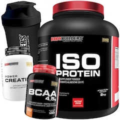 Kit Whey Isolado Bodybuilders - Morango - 2kg + Creatina + BCAA + Coqueteleira - Foto 1