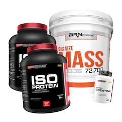Kit 2x Iso Protein BodyBuilders - Morango - 2kg + Creatina - 300g  + Big Size Mass Foods BRN Foods - Morango 6kg - Foto 1