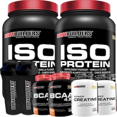 Kit 2x Iso Protein Bodybuilders - Chocolate e Morango - 900g + 2x Creatina - 100g + 2x BCAA - Tangerina - 100g + 2x Coqueteleira - Foto 1