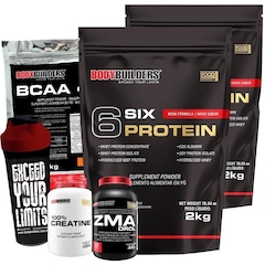 Kit 2x 6 Six Protein Bodybuilders Chocolate - 2kg + BCAA - 1kg + Creatina + ZMA + Coqueteleira - Foto 1