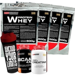 kit 4 Whey protein Bodybuilders - Morango - 500g + Bcaa + Creatina + Coqueteleira - Foto 1