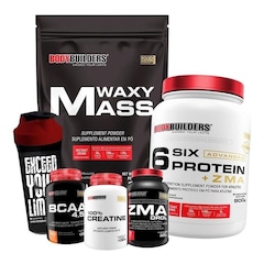 Kit Waxy Mass Bodybuilders - Chocolate - 3kg + Six Pote - Chocolate - 900g + ZMA + BCAA - 100g + Coqueteleira - Foto 1