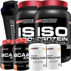 Kit 2x Whey Protein Isolado Bodybuilders Baunilha e Chocolate -900g + 2x BCAA 100g + 2x Creatina 100g + Coqueteleira - Foto 1