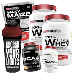 Kit 2x 100% Like Whey Protein Morango 900g + Waxy Maize + BCAA + Creatina + Shaker - Bodybuilders - Foto 1