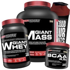 Kit Bodybuilders Hipercalórico Giant Mass Morango 3kg + Whey Protein Morango 900g + BCAA 250g + Coqueteleira - Foto 1