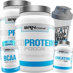 Kit  BRN Foods 2x Whey Protein Isolado 900g Chocolate + BCAA + Creatina + Coqueteleira - Foto 1