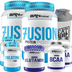 Kit 2x Whey Protein 900g Baunilha + 2x BCAA + 1x Glutamina + 2x Creatina + Coqueteleira - BRN Foods - Foto 1