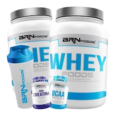 Kit 2x Whey Foods Morango 900g + Baunilha + BCAA Fit 100g + Premium Creatina 100g + Coqueteleira - Foto 1