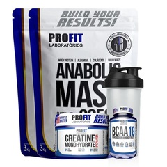 Kit Profit: 2x Hipercalorico Anabolic Mass 28500 Baunilha 3kg + Creatina + Bcaa + Coqueteleira - Profit - Foto 1
