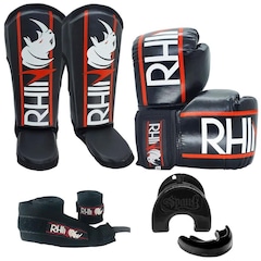 Kit de Treino Muaythai Rhino com Luva + Caneleira + Bandagem + Bucal - Adulto - Foto 1