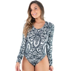Body MVB Modas Manga Longa Estampado Costa Fechada Collant - Feminino - Foto 1