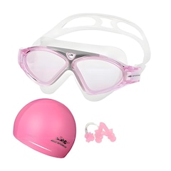 Kit Máscara de Natação Gold Sports Silicone Confort Hd - Touca Pu e Protetor Nasal e Ouvido - Adulto - Foto 1