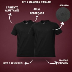 Kit 2 Camisetas Casuais Algodão Bordado Preto Dx Essentials - Masculino - Foto 2