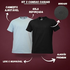 Kit 2 Camisetas Casuais Algodão Bordado Preto e Azul Dx Essentials - Masculino - Foto 2