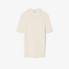 Suéter de malha canelada de lã merino de mangas curtas Lacoste Feminino - Foto 1