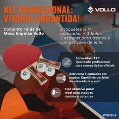 Kit Profissional Tênis de Mesa Ping Pong 2 Raquetes Impulse ITTF e 3 Bolas Vollo - Foto 5